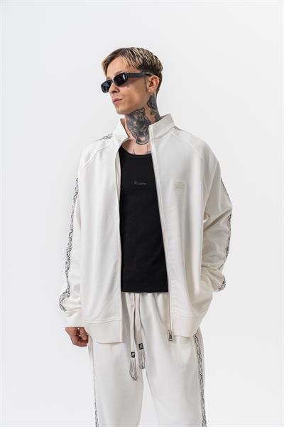 Erkek Damask Şerit Detaylı Dik Yaka Doubleface Zip Oversize Sweatshirt Ekru