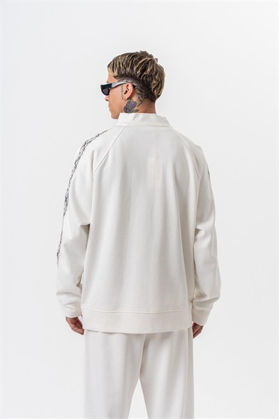 Erkek Damask Şerit Detaylı Dik Yaka Doubleface Zip Oversize Sweatshirt Ekru