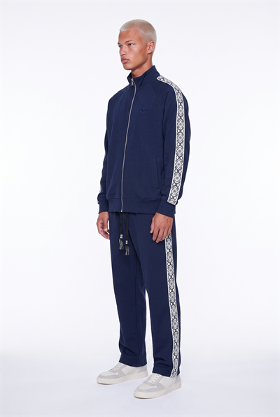 Erkek Damask Şerit Detaylı Dik Yaka Doubleface Zip Oversize Sweatshirt Lacivert
