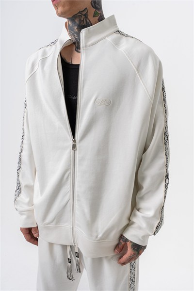 Erkek Damask Şerit Detaylı Dik Yaka Doubleface Zip Oversize Sweatshirt Ekru