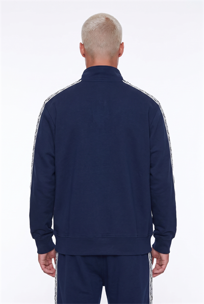 Erkek Damask Şerit Detaylı Dik Yaka Doubleface Zip Oversize Sweatshirt Lacivert