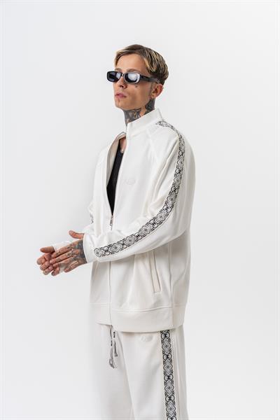 Erkek Damask Şerit Detaylı Dik Yaka Doubleface Zip Oversize Sweatshirt Ekru