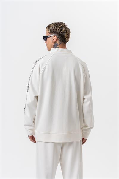 Erkek Damask Şerit Detaylı Dik Yaka Doubleface Zip Oversize Sweatshirt Ekru