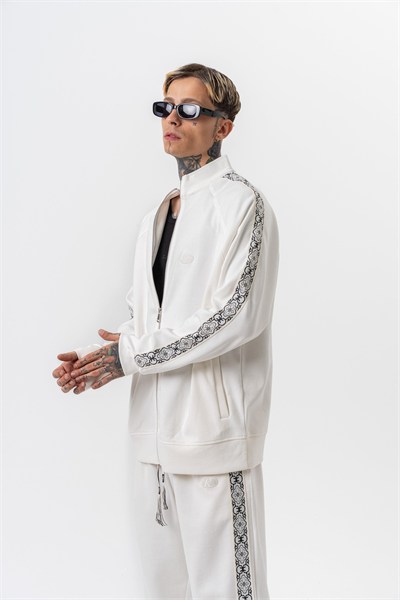 Erkek Damask Şerit Detaylı Dik Yaka Doubleface Zip Oversize Sweatshirt Ekru