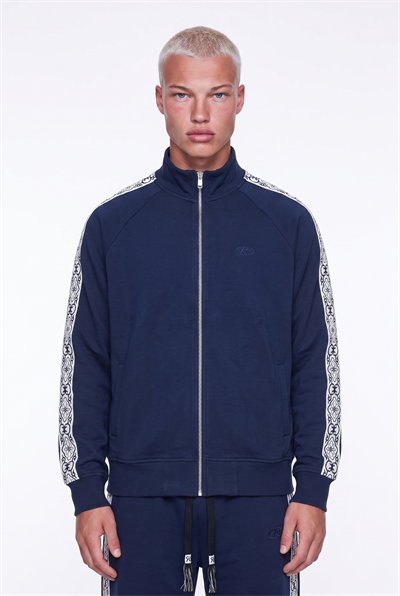 Erkek Damask Şerit Detaylı Dik Yaka Doubleface Zip Oversize Sweatshirt Lacivert