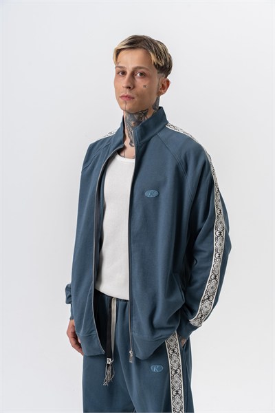 Erkek Damask Şerit Detaylı Dik Yaka Doubleface Zip Oversize Sweatshirt Petrol