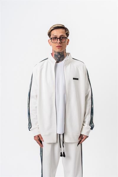 Erkek Dark Striped Şerit Detaylı Dik Yaka Doubleface Zip Oversize Sweatshirt Ekru