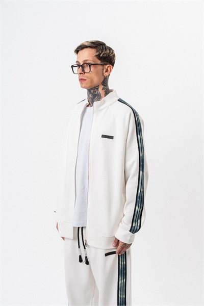 Erkek Dark Striped Şerit Detaylı Dik Yaka Doubleface Zip Oversize Sweatshirt Ekru