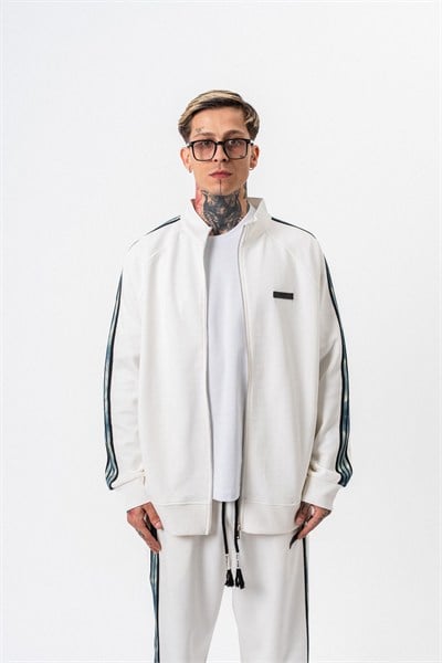 Erkek Dark Striped Şerit Detaylı Dik Yaka Doubleface Zip Oversize Sweatshirt Ekru