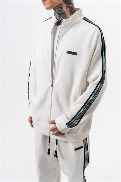 Erkek Dark Striped Şerit Detaylı Dik Yaka Doubleface Zip Oversize Sweatshirt Ekru