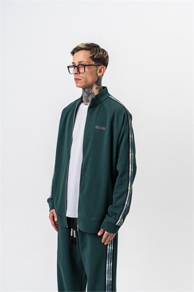 Erkek Dark Striped Şerit Detaylı Dik Yaka Doubleface Zip Oversize Sweatshirt Nefti