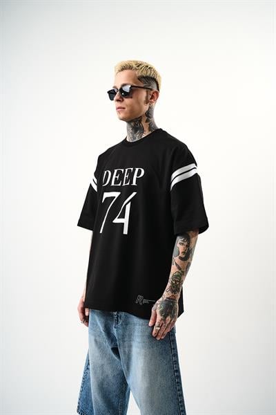Erkek Deep 74 Baskılı Oversize T-Shirt Siyah