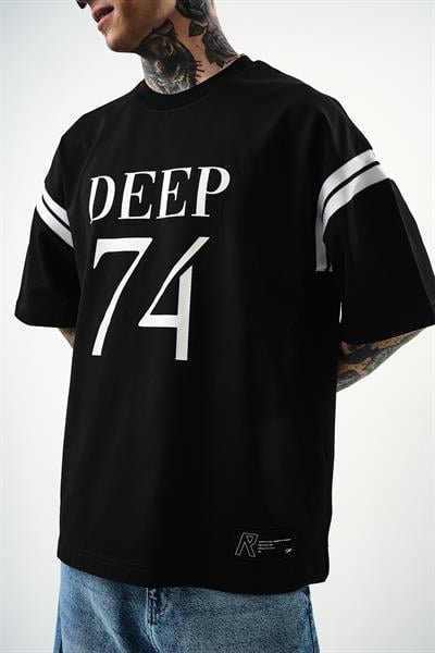 Erkek Deep 74 Baskılı Oversize T-Shirt Siyah