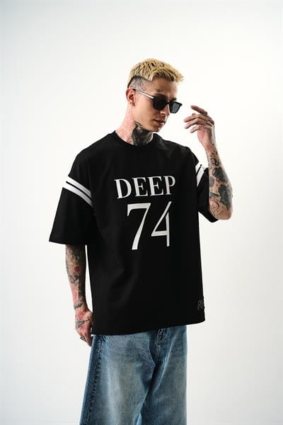 Erkek Deep 74 Baskılı Oversize T-Shirt Siyah