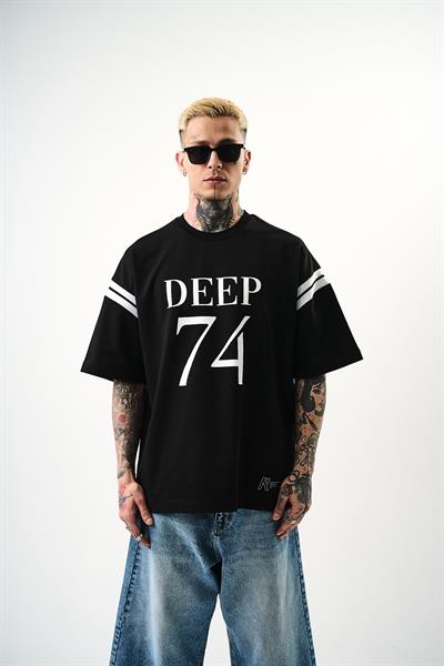 Erkek Deep 74 Baskılı Oversize T-Shirt Siyah