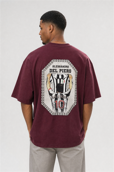Erkek Del Piero Baskılı Oversize T-Shirt Bordo