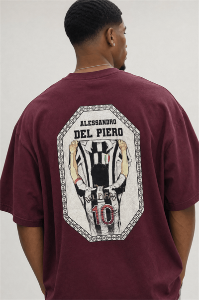 Erkek Del Piero Baskılı Oversize T-Shirt Bordo