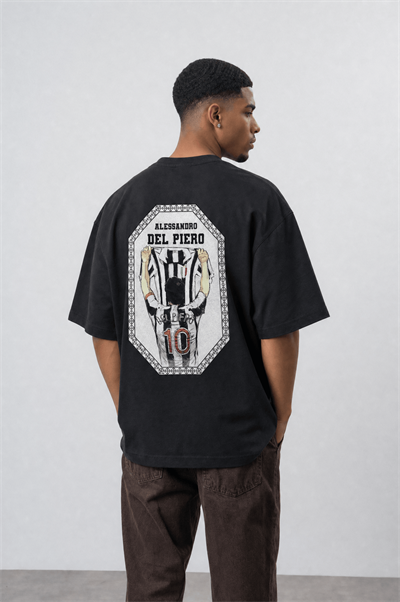 Erkek Del Piero Baskılı Oversize T-Shirt Siyah