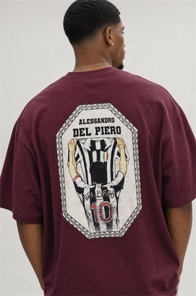 Erkek Del Piero Baskılı Oversize T-Shirt Bordo