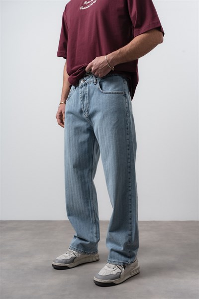Erkek Desenli Baggy Jean Açık Mavi