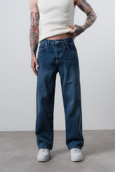 Erkek Desenli Baggy Jean Lacivert