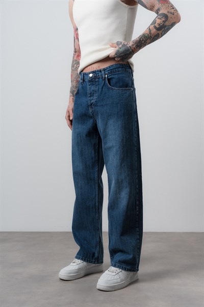 Erkek Desenli Baggy Jean Lacivert