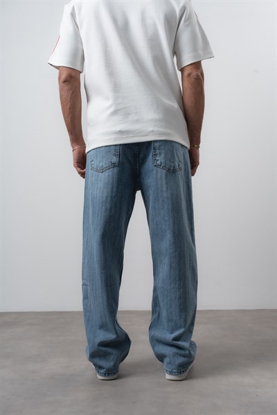 Erkek Desenli Baggy Jean Mavi