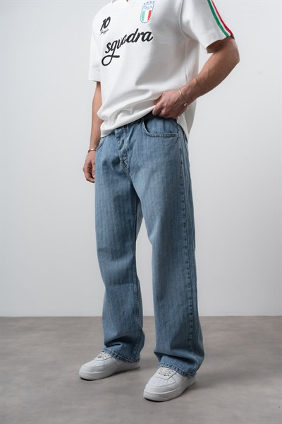 Erkek Desenli Baggy Jean Mavi