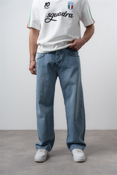 Erkek Desenli Baggy Jean Mavi