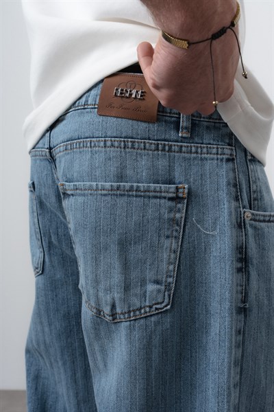 Erkek Desenli Baggy Jean Mavi