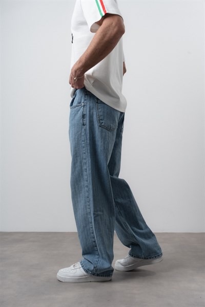 Erkek Desenli Baggy Jean Mavi