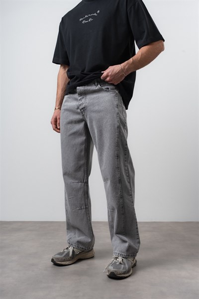 Erkek Dikiş Detaylı Baggy Jean Gri