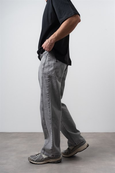 Erkek Dikiş Detaylı Baggy Jean Gri