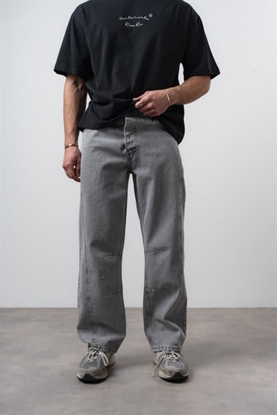 Erkek Dikiş Detaylı Baggy Jean Gri