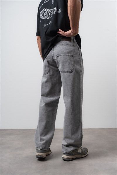 Erkek Dikiş Detaylı Baggy Jean Gri