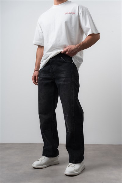 Erkek Dikiş Detaylı Baggy Jean Siyah