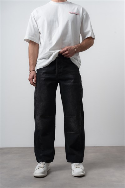 Erkek Dikiş Detaylı Baggy Jean Siyah