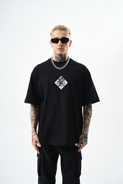 Erkek Dimentions Nakışlı Oversize T-Shirt Siyah