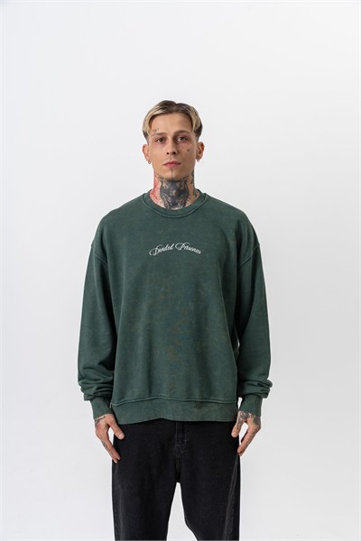 Erkek Divided Baskılı Yıkamalı Bisiklet Yaka Oversize Sweatshirt Yeşil