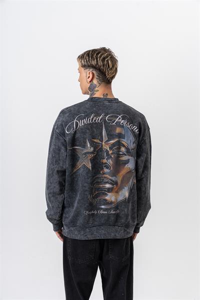 Erkek Divided Baskılı Yıkamalı Bisiklet Yaka Oversize Sweatshirt Siyah