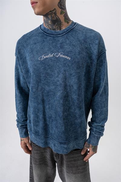 Erkek Divided Baskılı Yıkamalı Bisiklet Yaka Oversize Sweatshirt İndigo