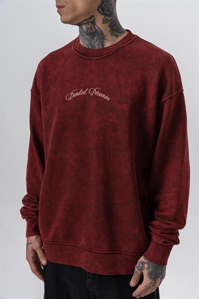 Erkek Divided Baskılı Yıkamalı Bisiklet Yaka Oversize Sweatshirt Bordo