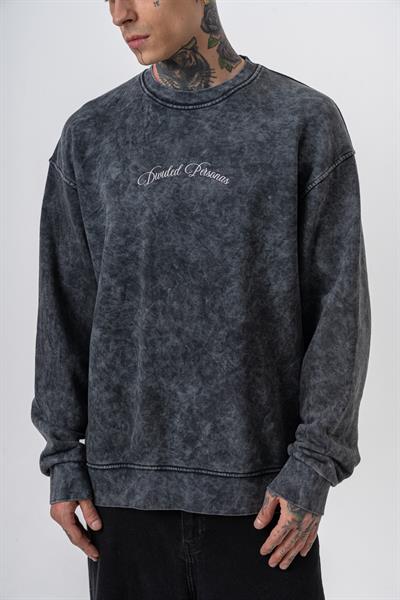 Erkek Divided Baskılı Yıkamalı Bisiklet Yaka Oversize Sweatshirt Siyah
