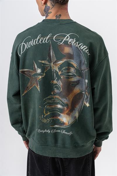 Erkek Divided Baskılı Yıkamalı Bisiklet Yaka Oversize Sweatshirt Yeşil