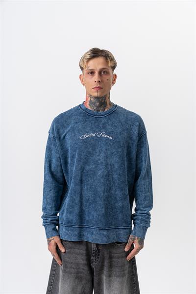 Erkek Divided Baskılı Yıkamalı Bisiklet Yaka Oversize Sweatshirt İndigo