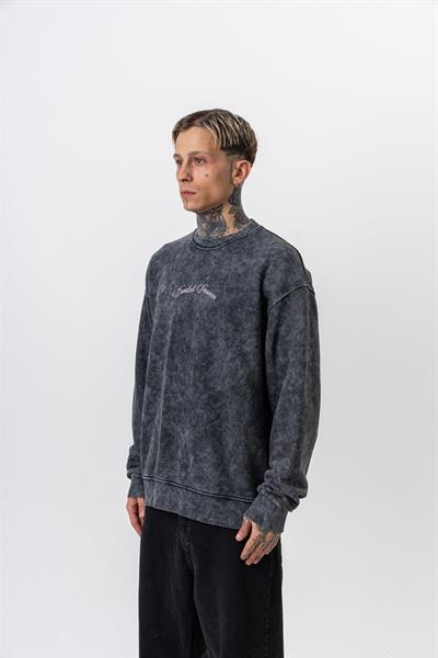 Erkek Divided Baskılı Yıkamalı Bisiklet Yaka Oversize Sweatshirt Siyah