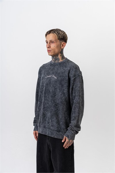 Erkek Divided Baskılı Yıkamalı Bisiklet Yaka Oversize Sweatshirt Siyah
