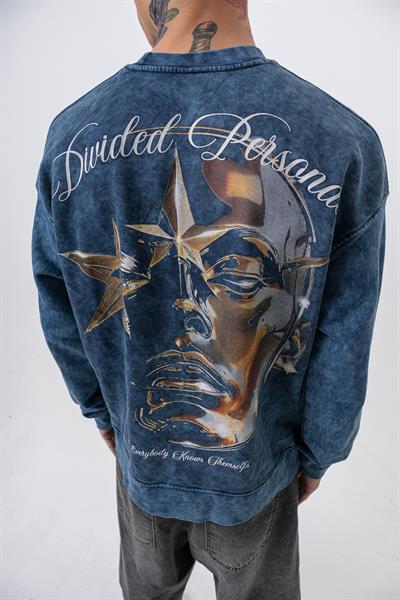 Erkek Divided Baskılı Yıkamalı Bisiklet Yaka Oversize Sweatshirt İndigo