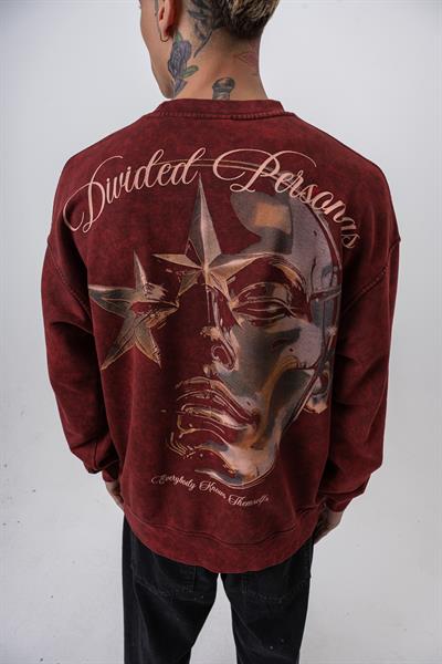 Erkek Divided Baskılı Yıkamalı Bisiklet Yaka Oversize Sweatshirt Bordo
