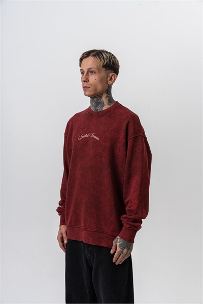 Erkek Divided Baskılı Yıkamalı Bisiklet Yaka Oversize Sweatshirt Bordo